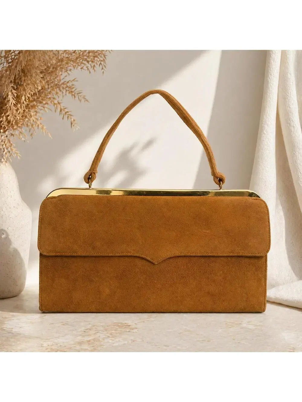 Vintage Camel Suede Clutch Purse w/ Top Handle & Gold Frame